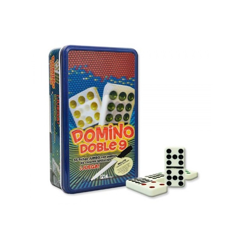 Domino 55 Fichas Color Doble 9 Juego Mesa Caja Metalica